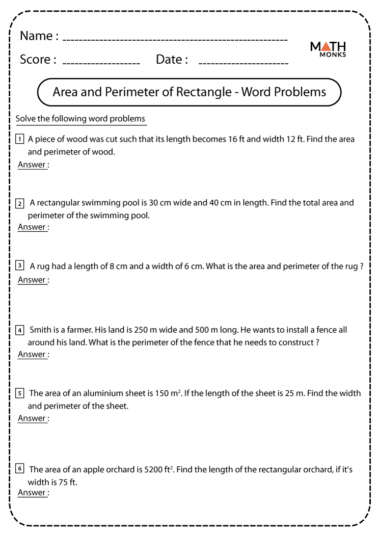 Area and Perimeter of Rectangles Worksheets - Math Monks In Perimeter Word Problems Worksheet