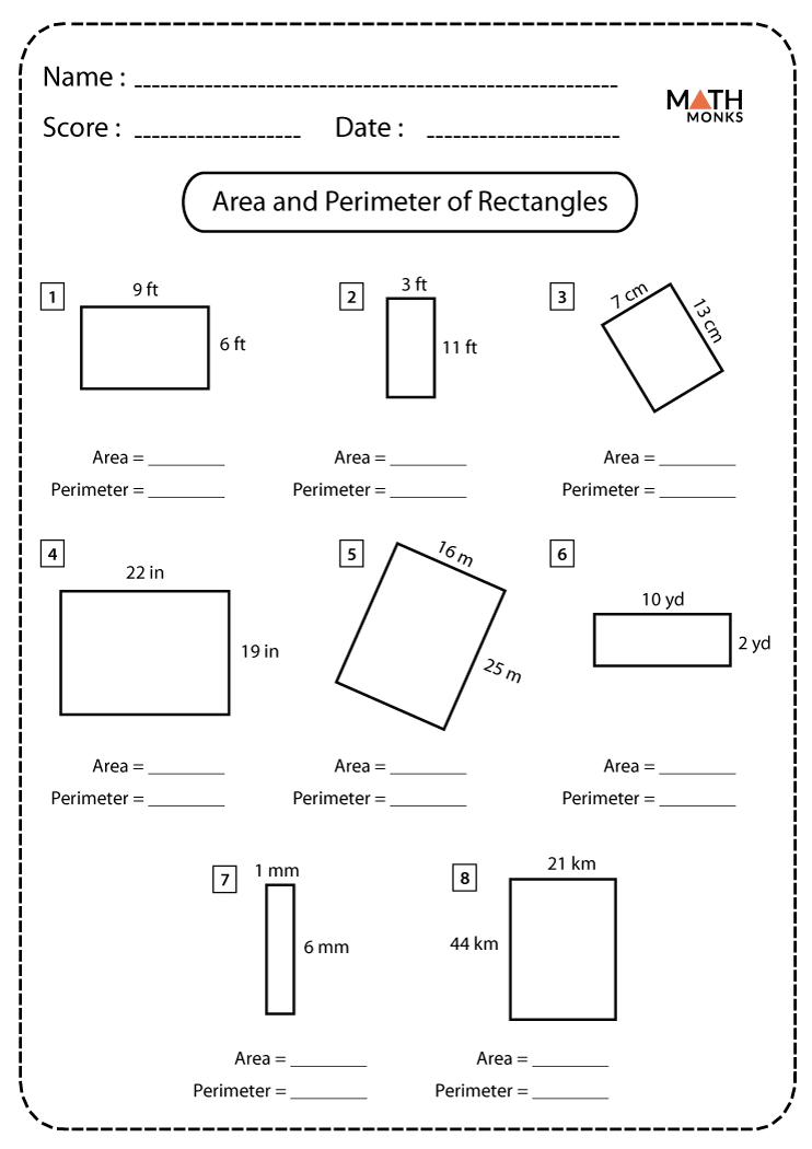 Area and Perimeter of Rectangles Worksheets | Math Monks