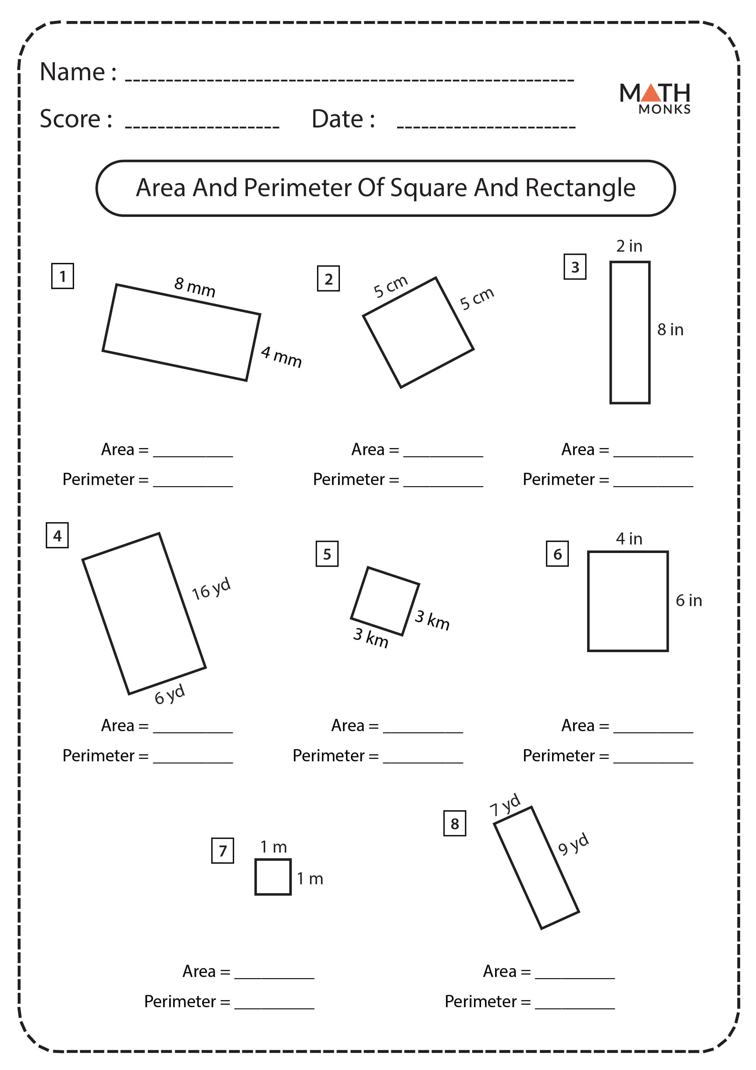 Squares and Rectangles Worksheets Math Monks