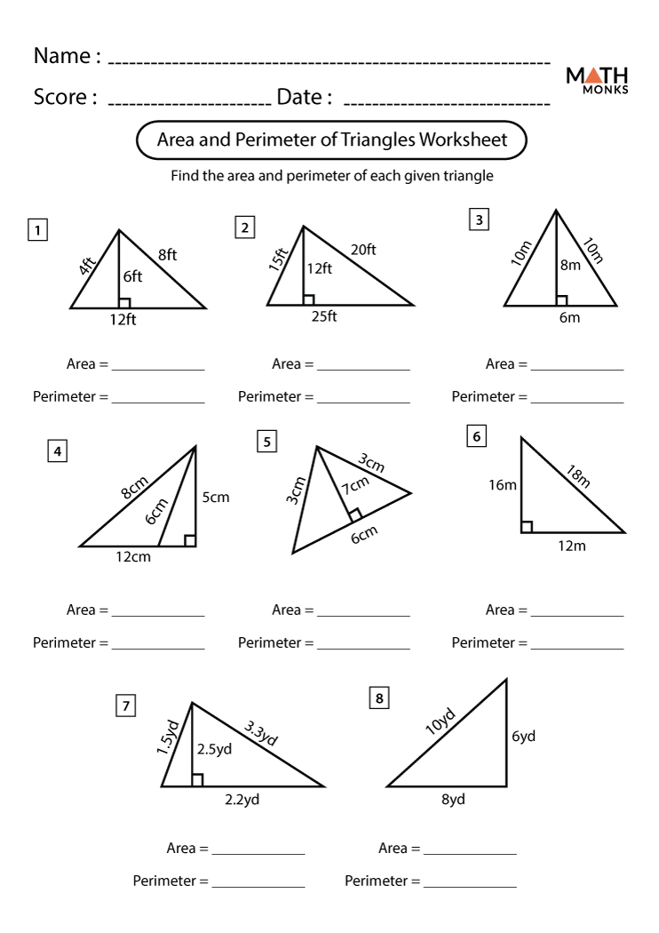 area and perimeter of triangles worksheets math monks