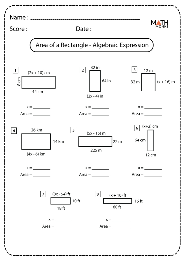 Area of a Rectangle Algebraic Expression Worksheets | Math Monks