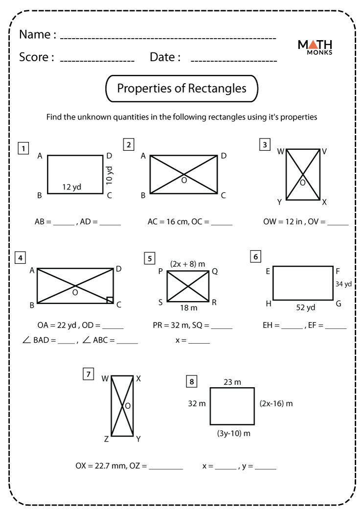 Properties of Rectangles Worksheets | Math Monks