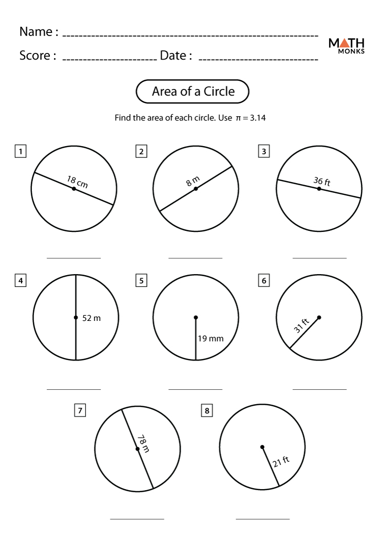 Area Of A Circle Worksheets Math Monks