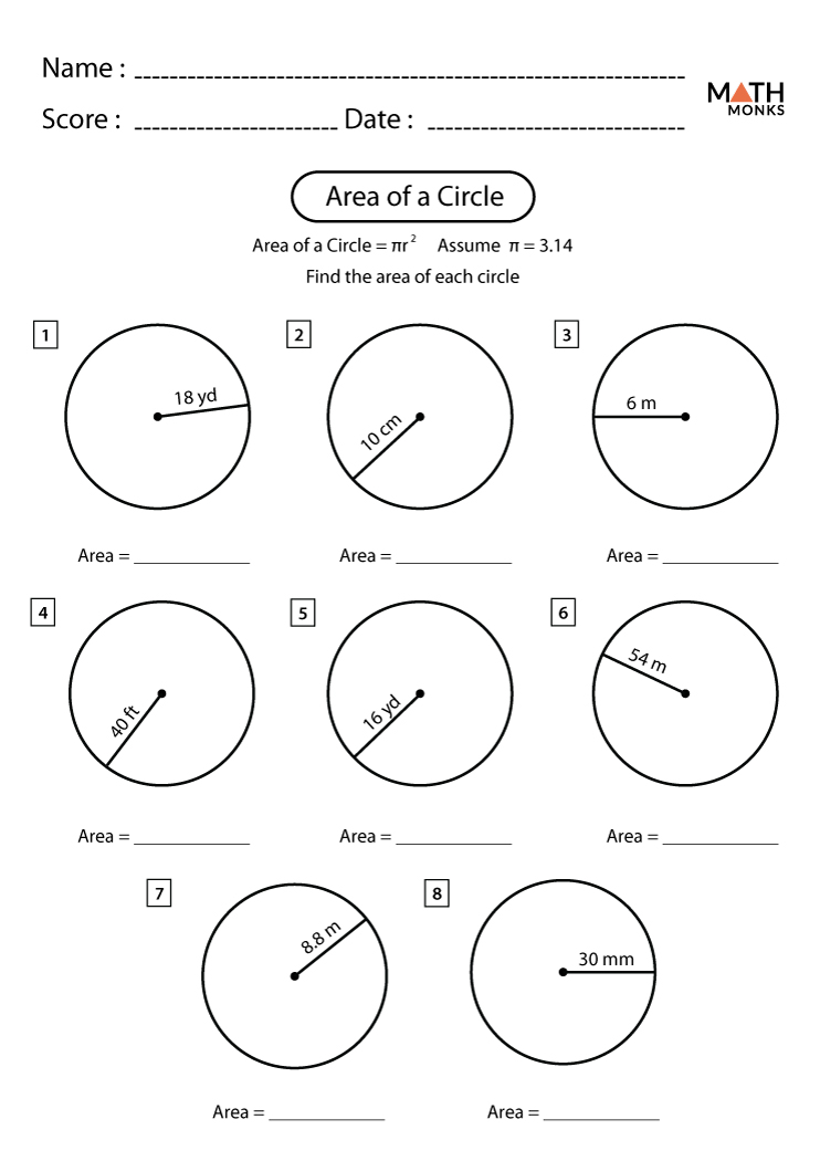 Area of a Circle Worksheets | Math Monks