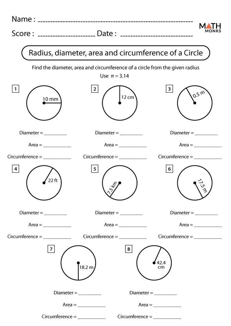Circumference and Area of a Circle Worksheet | Math Monks