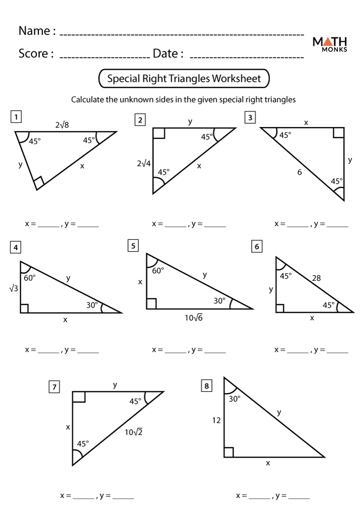 Special Right Triangles Worksheets - Math Monks Regarding Right Triangle Trigonometry Worksheet