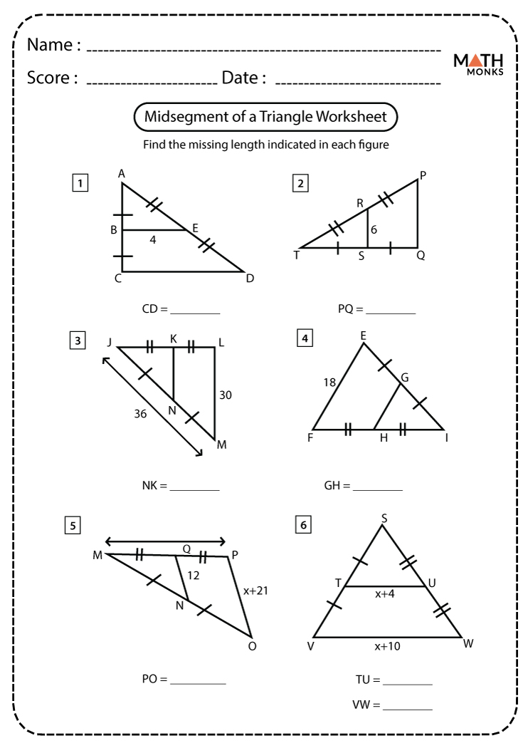 Midsegment of a Triangle Worksheets Math Monks