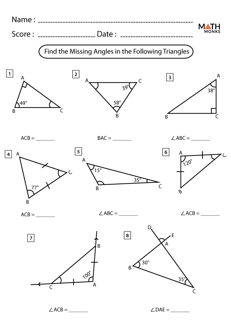 Angles in a Triangle Worksheets - Math Monks