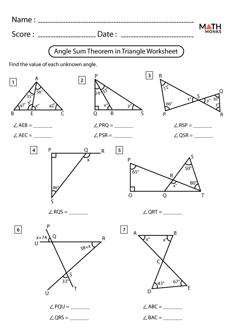Triangle Sum Theorem Worksheets - Math Monks Pertaining To Triangle Angle Sum Worksheet Answers
