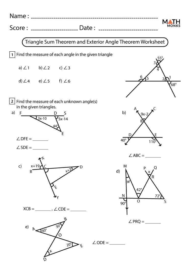 Triangle Sum Theorem Worksheets - Math Monks Pertaining To Exterior Angle Theorem Worksheet