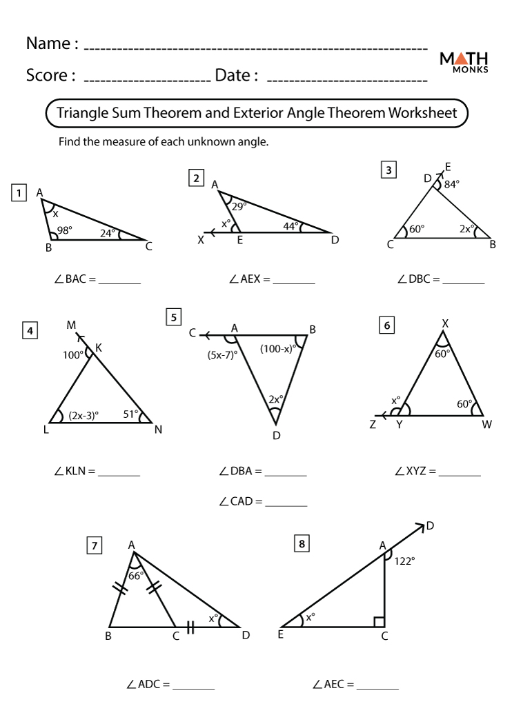 Worksheet Triangle Sum And Exterior Angle Theorem 