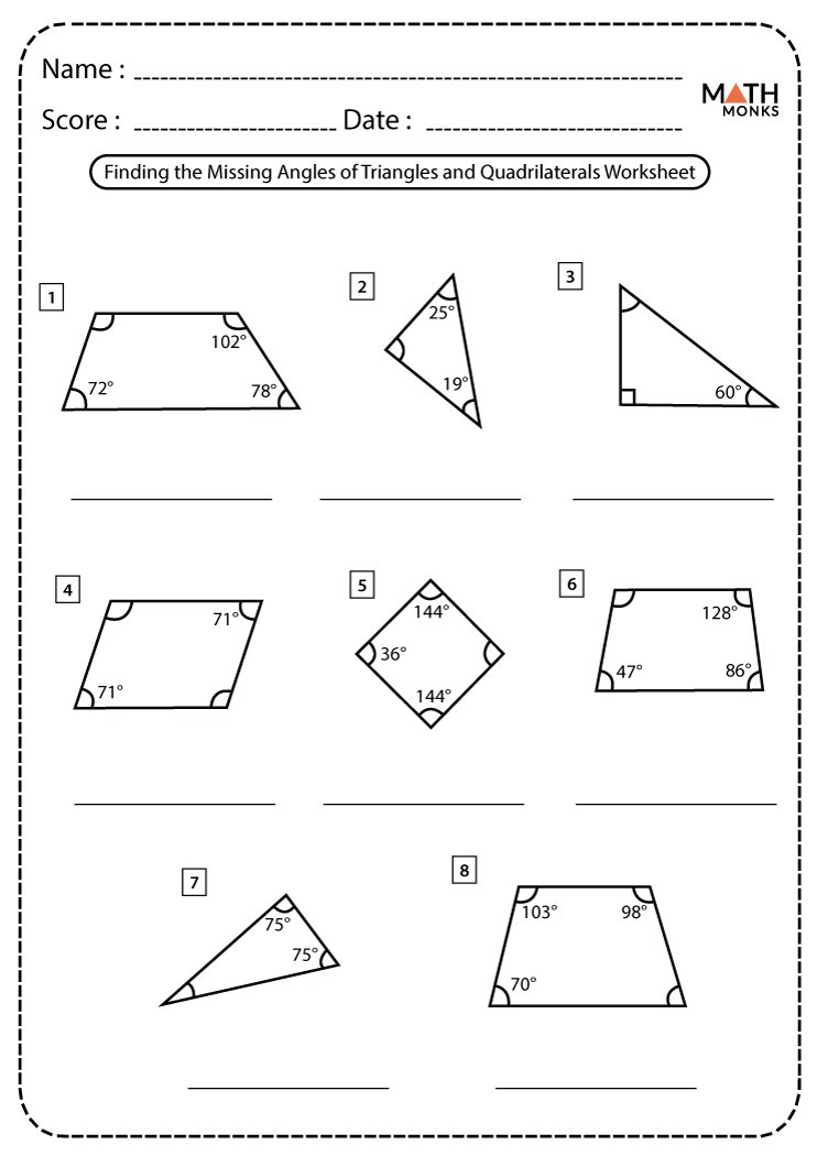 Triangles and Quadrilaterals Worksheets - Math Monks Regarding Finding Missing Angles Worksheet