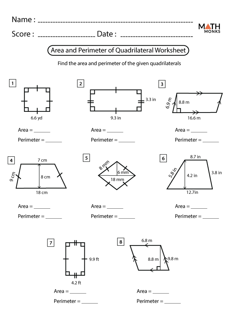 Area, Perimeter of Quadrilaterals Worksheets | Math Monks