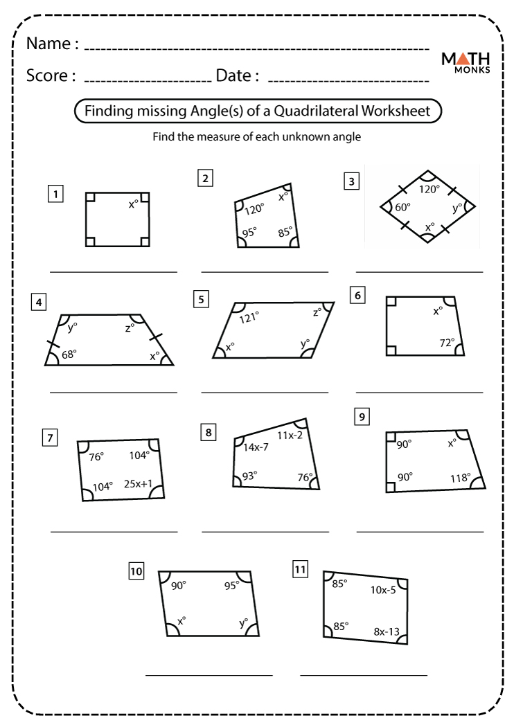 Angles in Quadrilaterals Worksheets - Math Monks Within Find The Missing Angle Worksheet