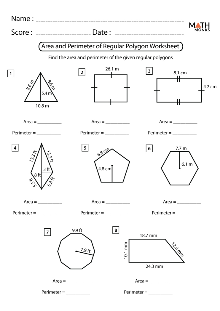 Area and Perimeter of Polygons Worksheets - Math Monks Pertaining To Area Of Regular Polygons Worksheet