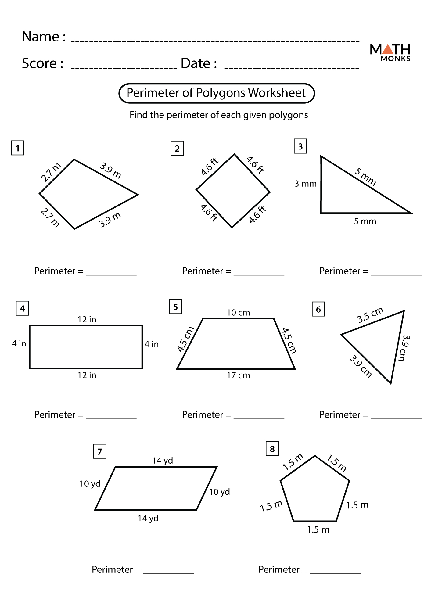 Perimeter Of Polygons Worksheets Math Monks