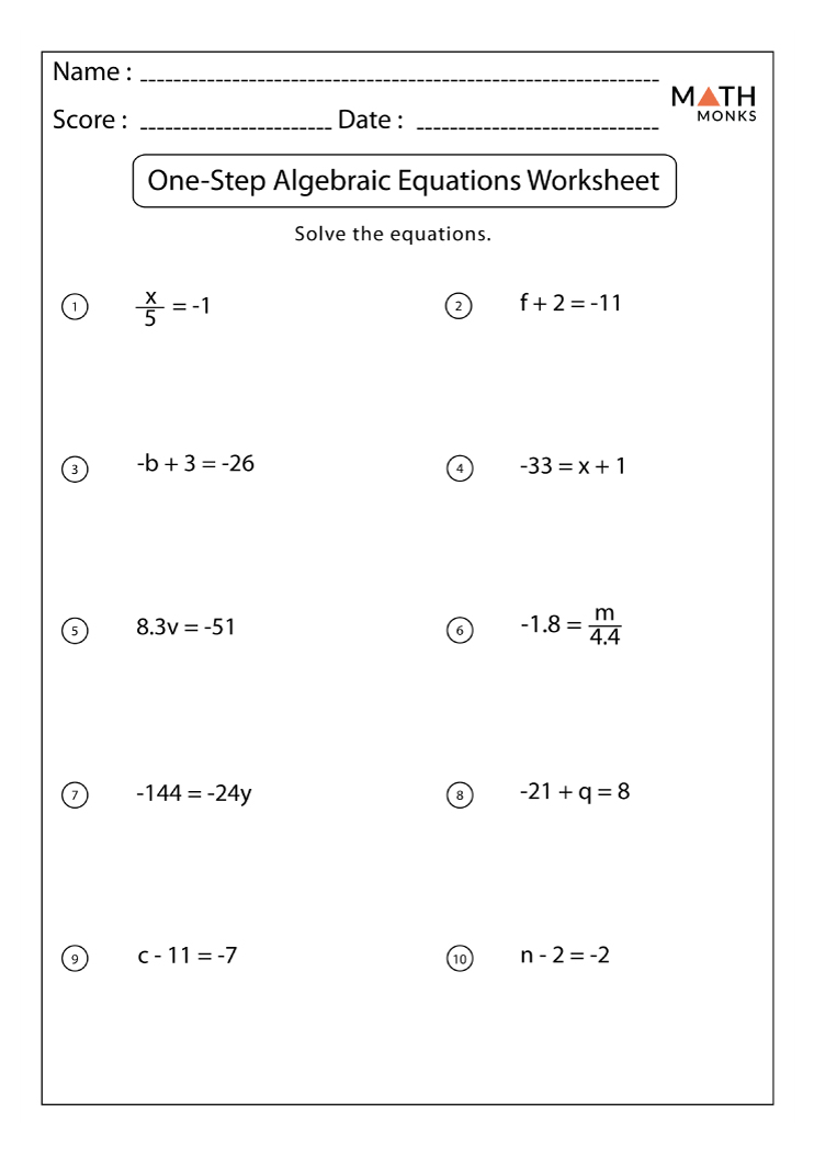 Solving Single Step Equations Worksheet