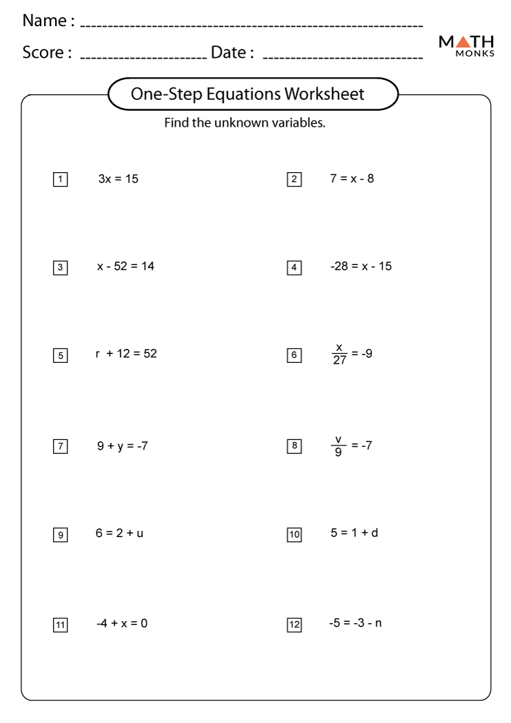 One Step Algebra Equation Worksheets