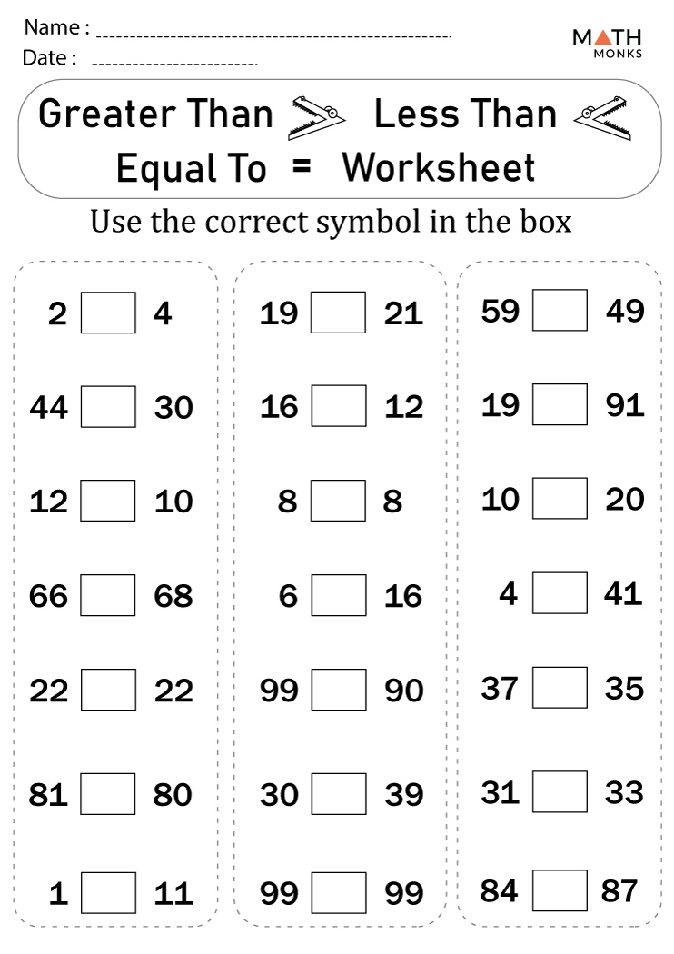 2nd grade math worksheets greater than less than equal to - greater ...