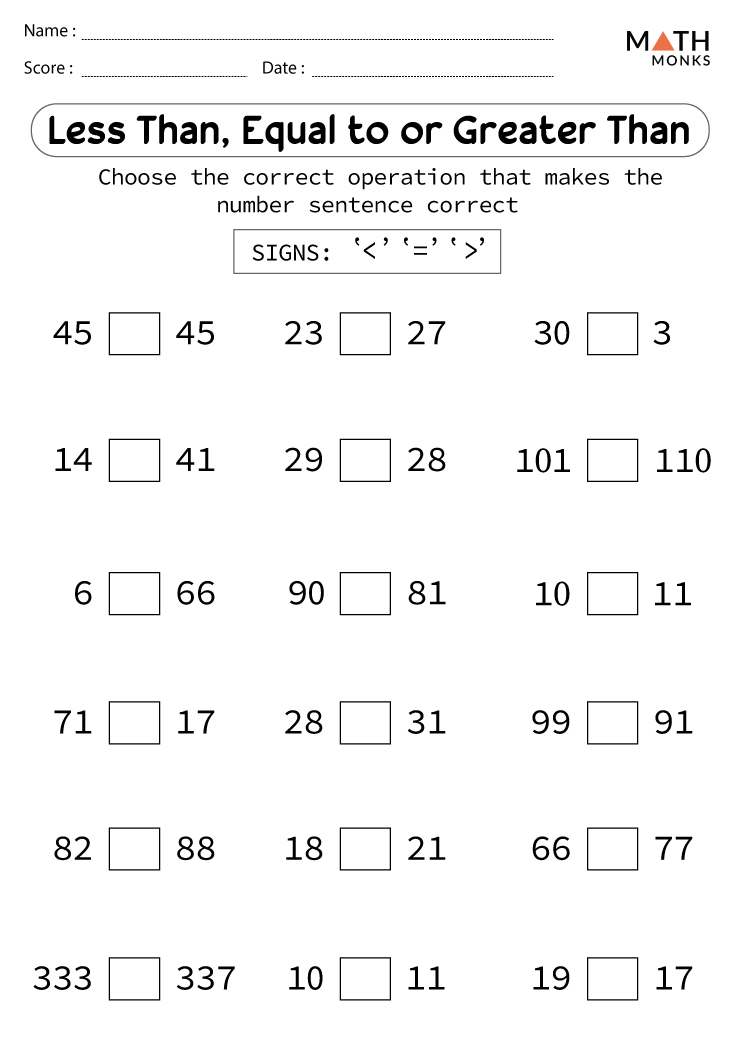 greater than less than worksheets math monks