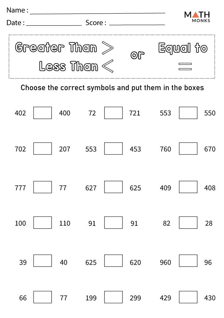 Math Greater Than And Less Than Worksheets