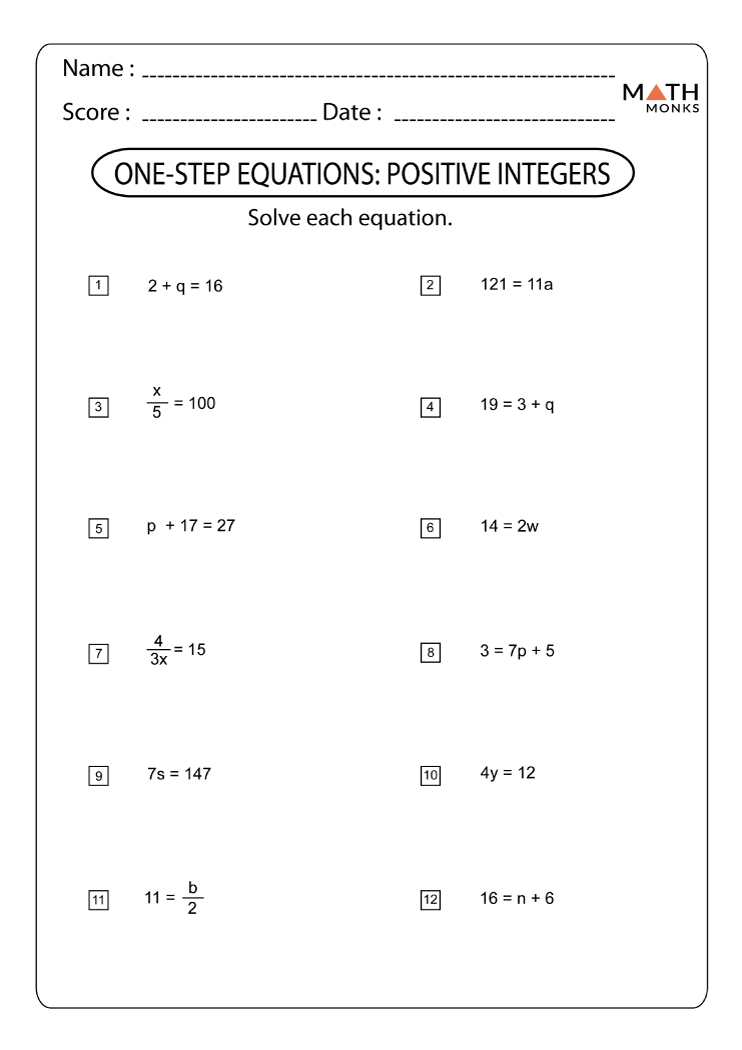 One Step Equations Whole Numbers Worksheet