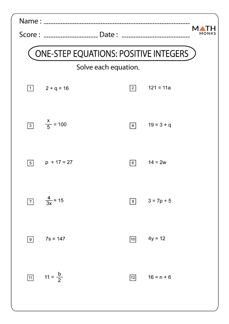 Single Step Equations Worksheets