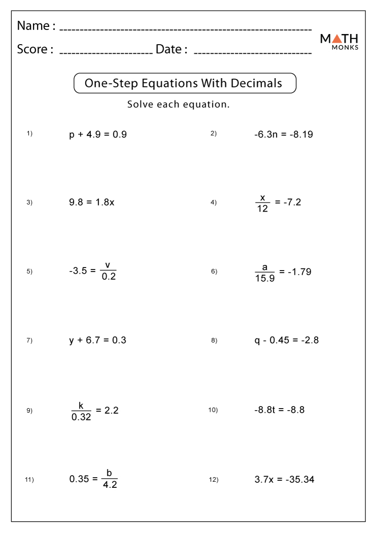 One Step Equations Worksheets | Math Monks