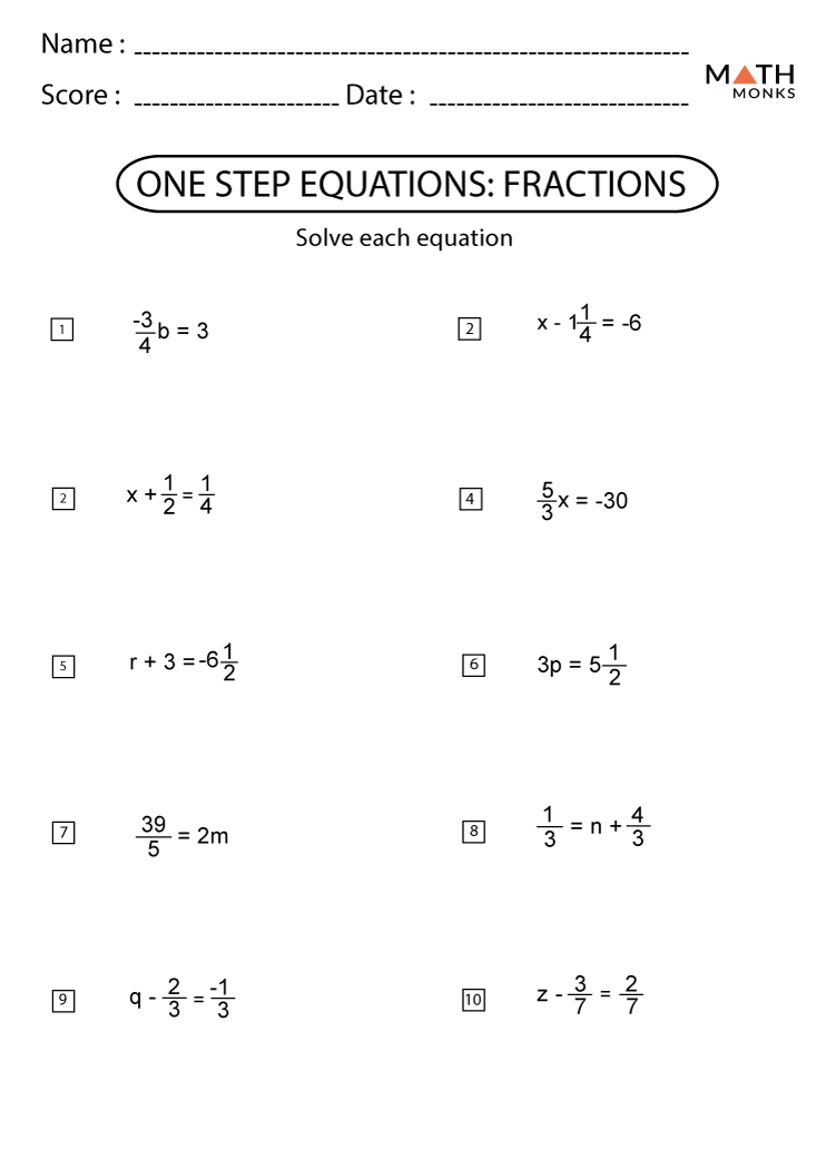 Multiple Digit Numbers One Step Equation Worksheet