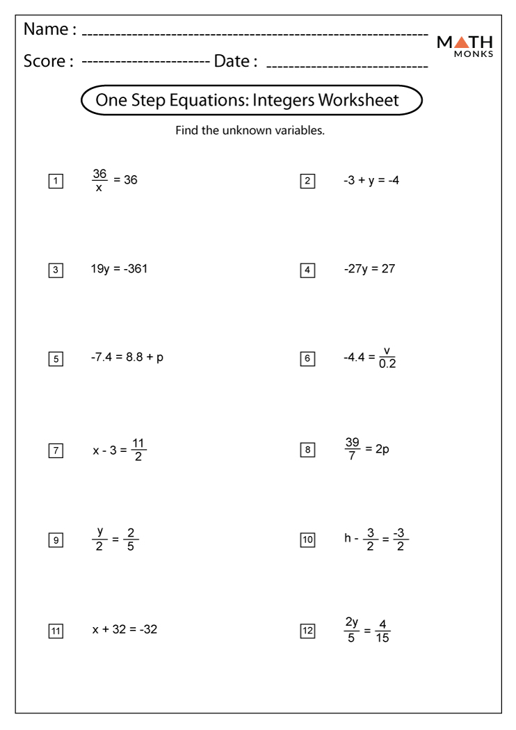  One Step Equations Worksheets Math Monks