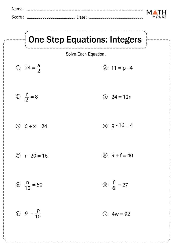 One Step Equations Worksheet Positive Numbers