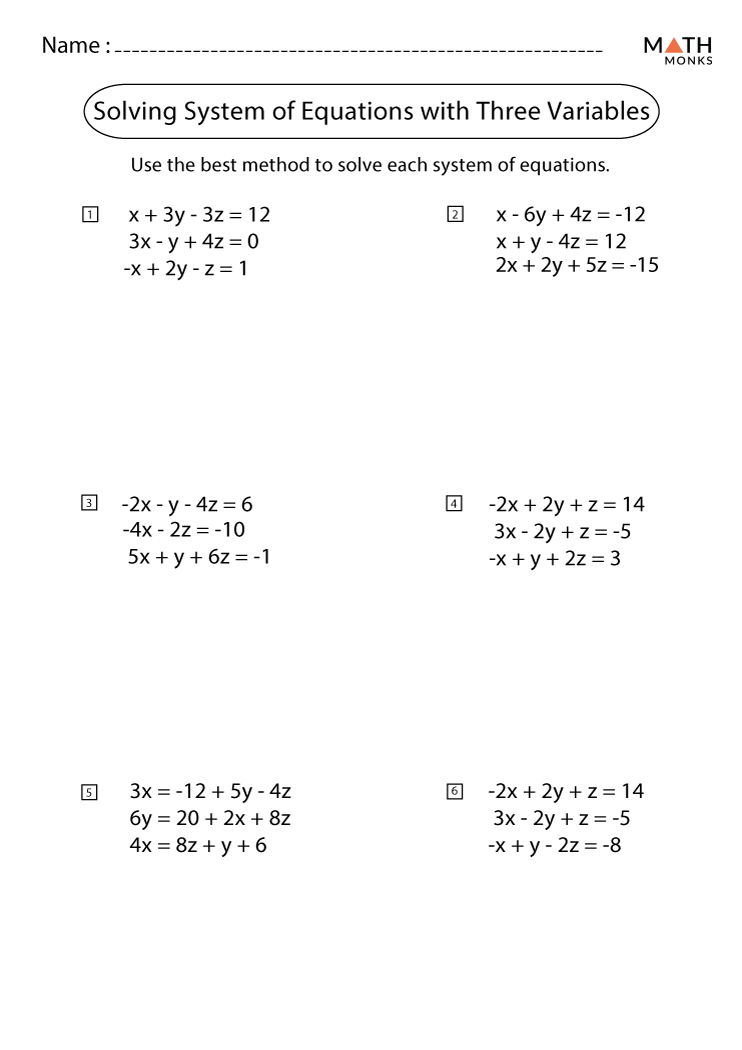 3 Variable System of Equations Worksheets - Math Monks