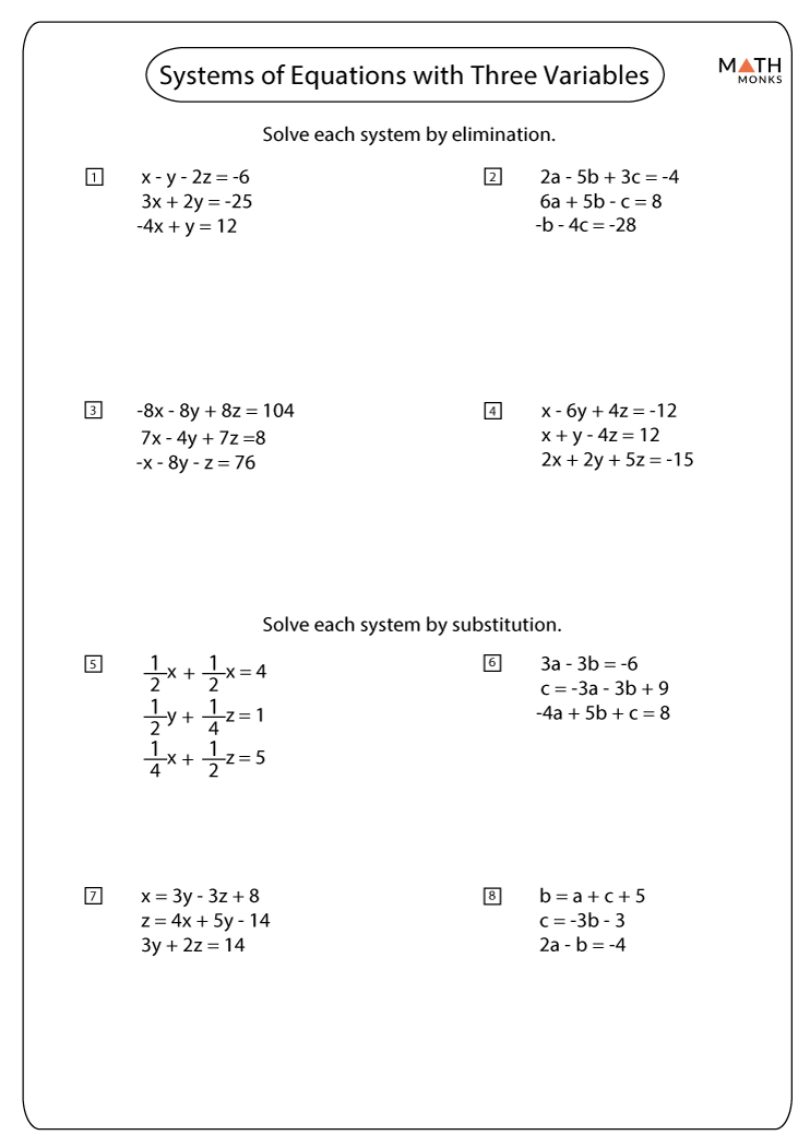 3 Variable System of Equations Worksheets | Math Monks
