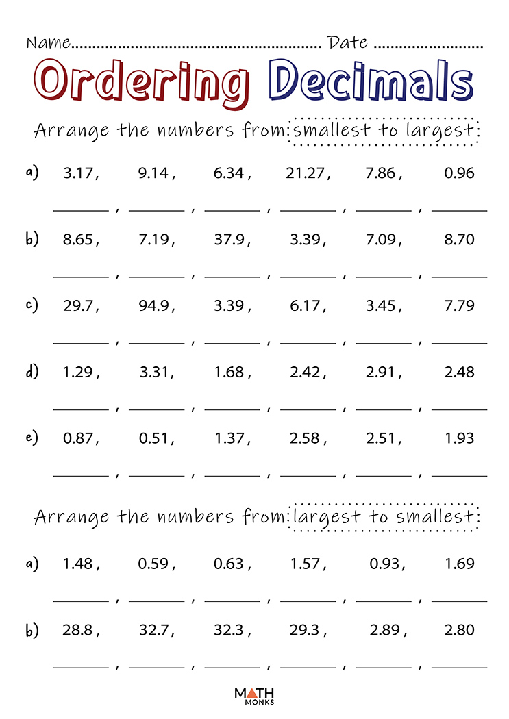 Decimals Worksheets | Math Monks