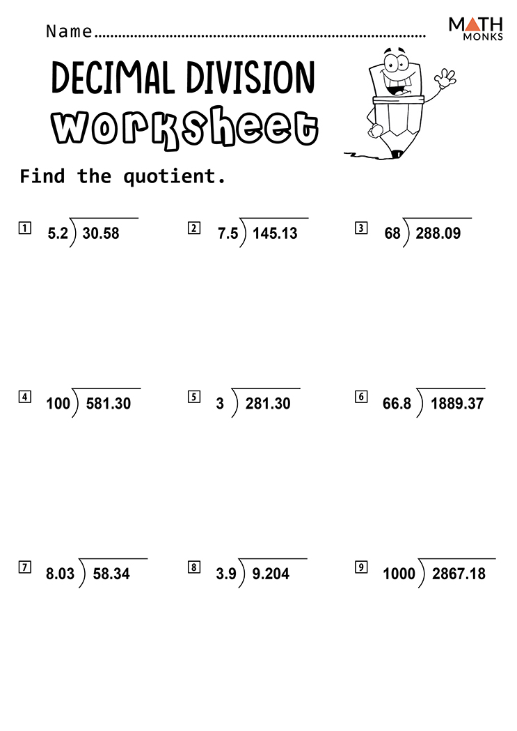 division decimal worksheet for class 5