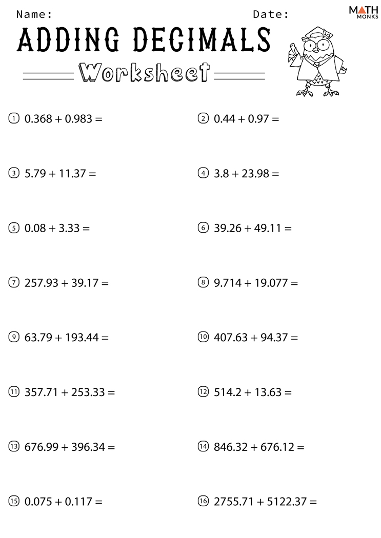 Adding Decimals From Whole Numbers Worksheets