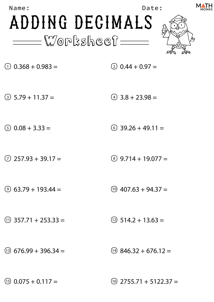 Addition Of Decimal Numbers Worksheet