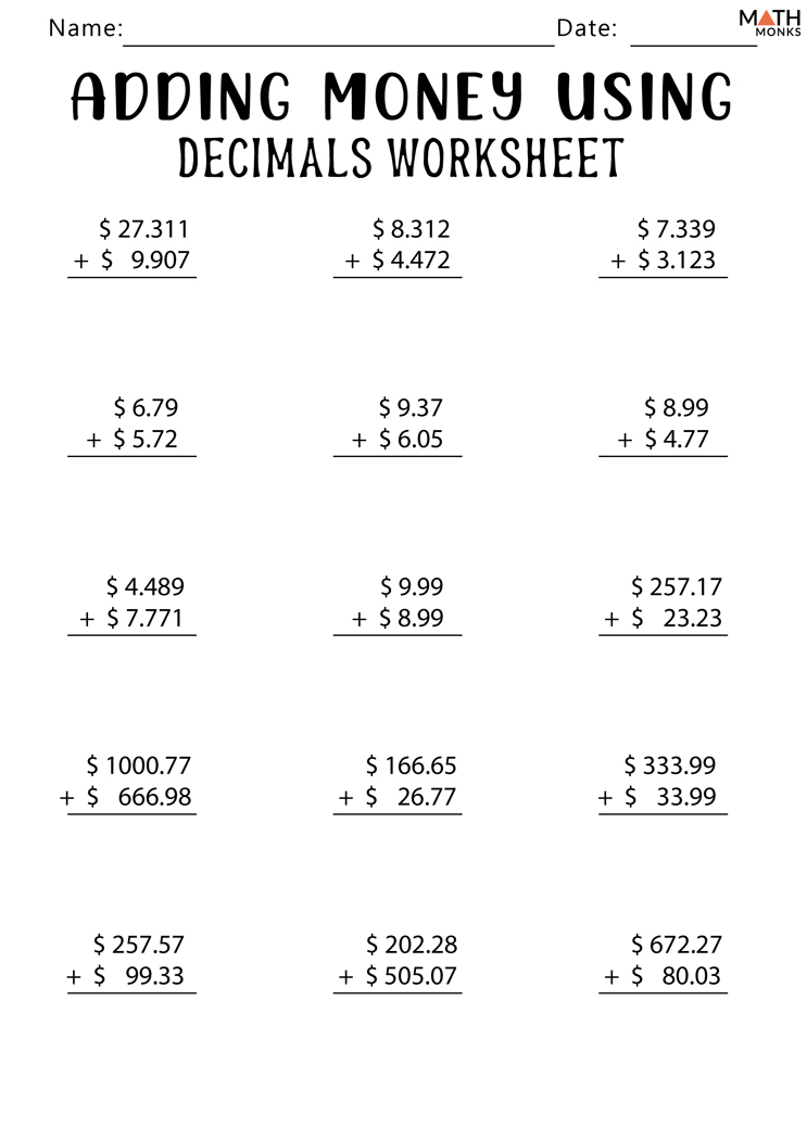 Number Sentences With Decimals Worksheets