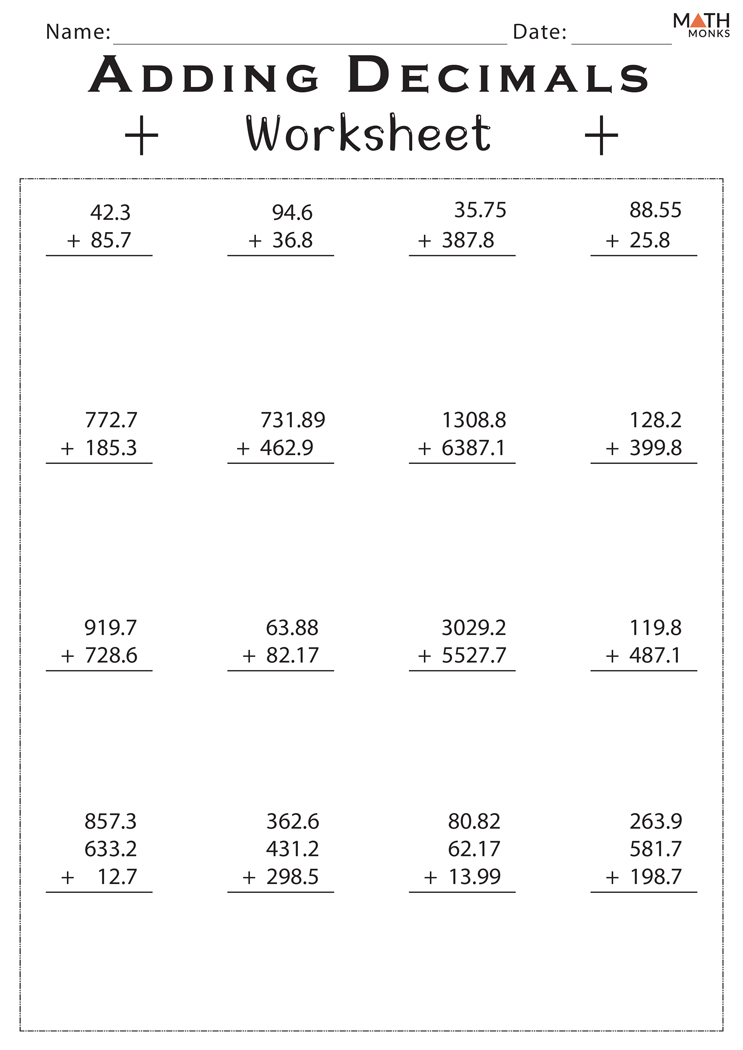 Adding Whole Numbers With Decimals Worksheets