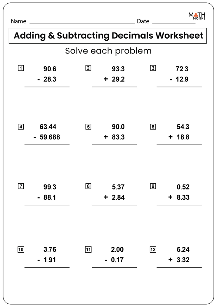 Adding And Subtracting Decimal Numbers Worksheet