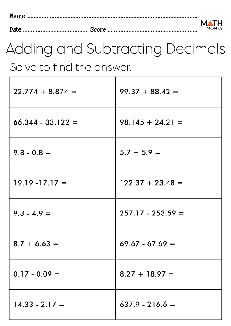 Adding and Subtracting Decimals Worksheets | Math Monks