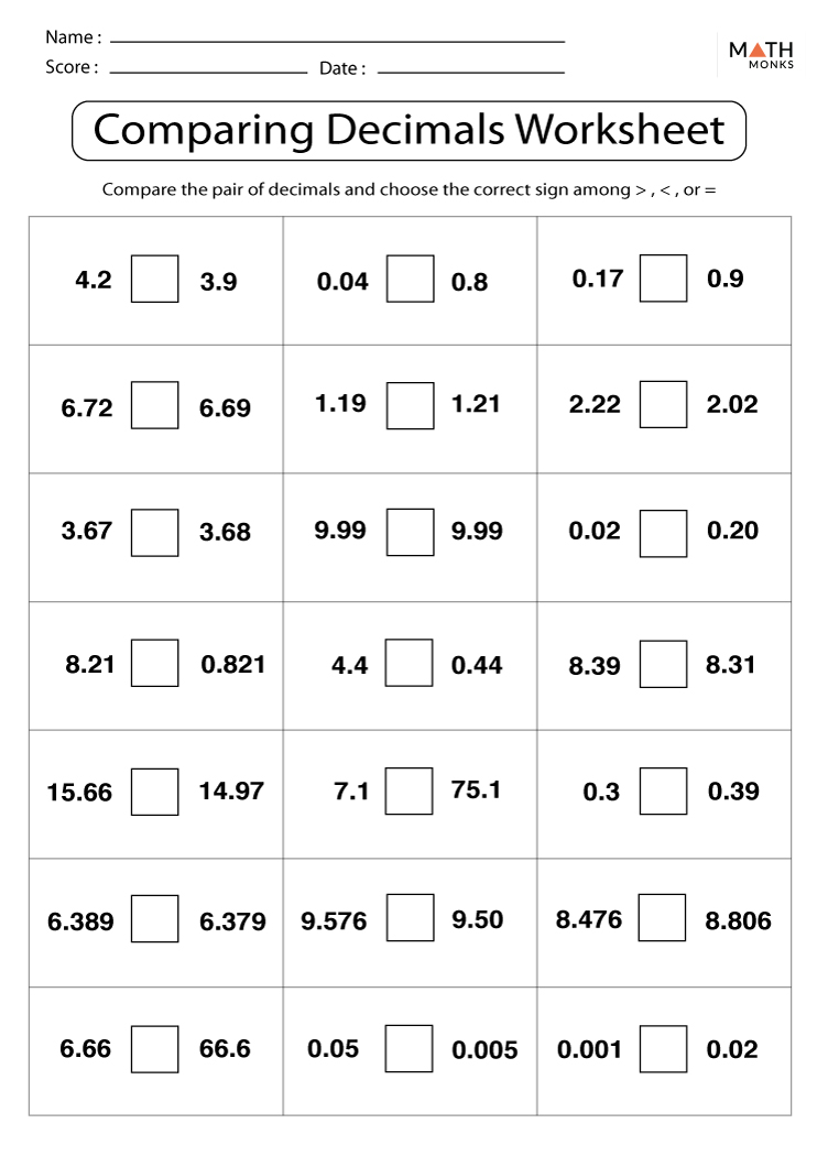 Comparing And Ordering Decimals Worksheets Math Monks