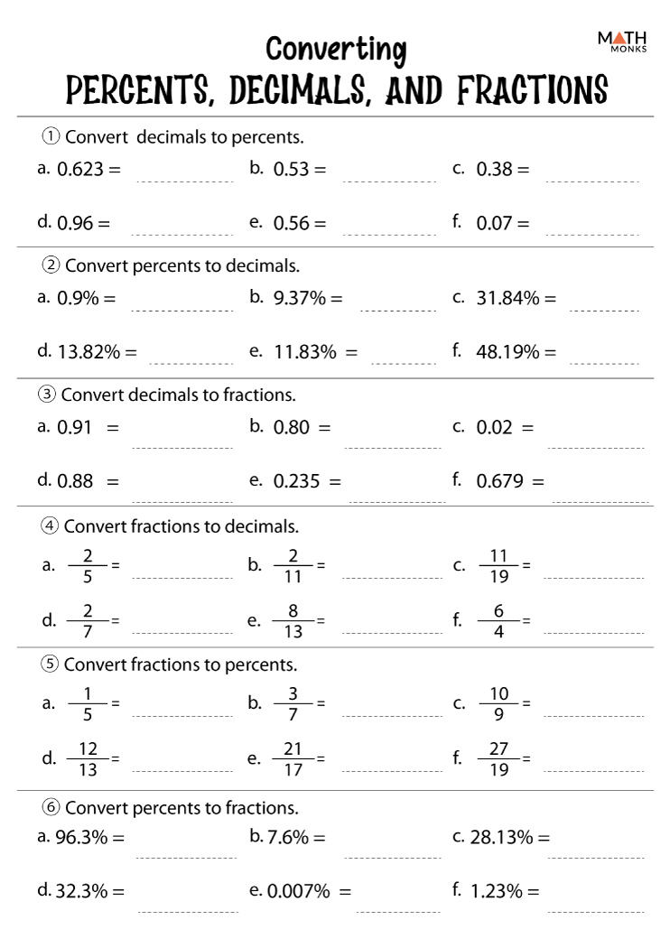 Math Worksheets Percents Decimals Fractions