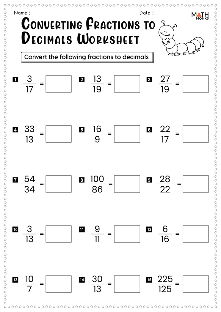 Converting Fractions to from Decimals Worksheets | Math Monks
