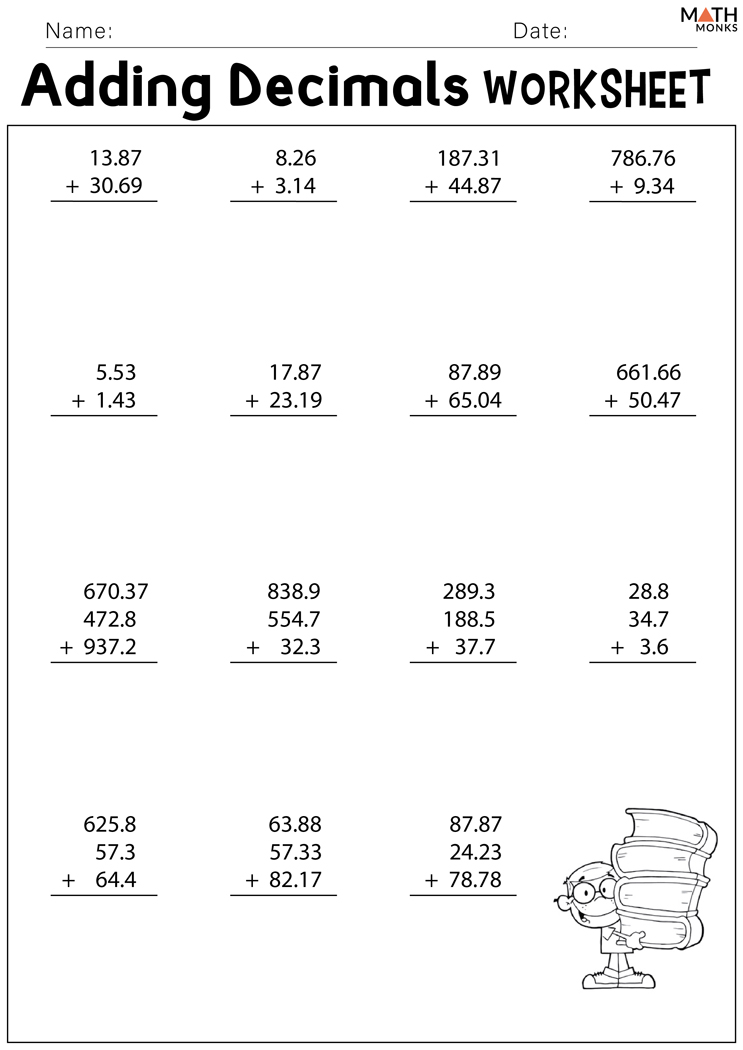 Adding Decimals To Whole Numbers Worksheets