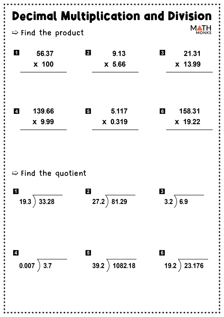 multiplication and division of decimals worksheets grade 7