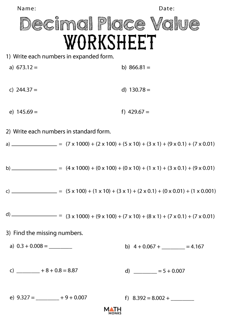Decimals Place Value Multiplication Worksheets