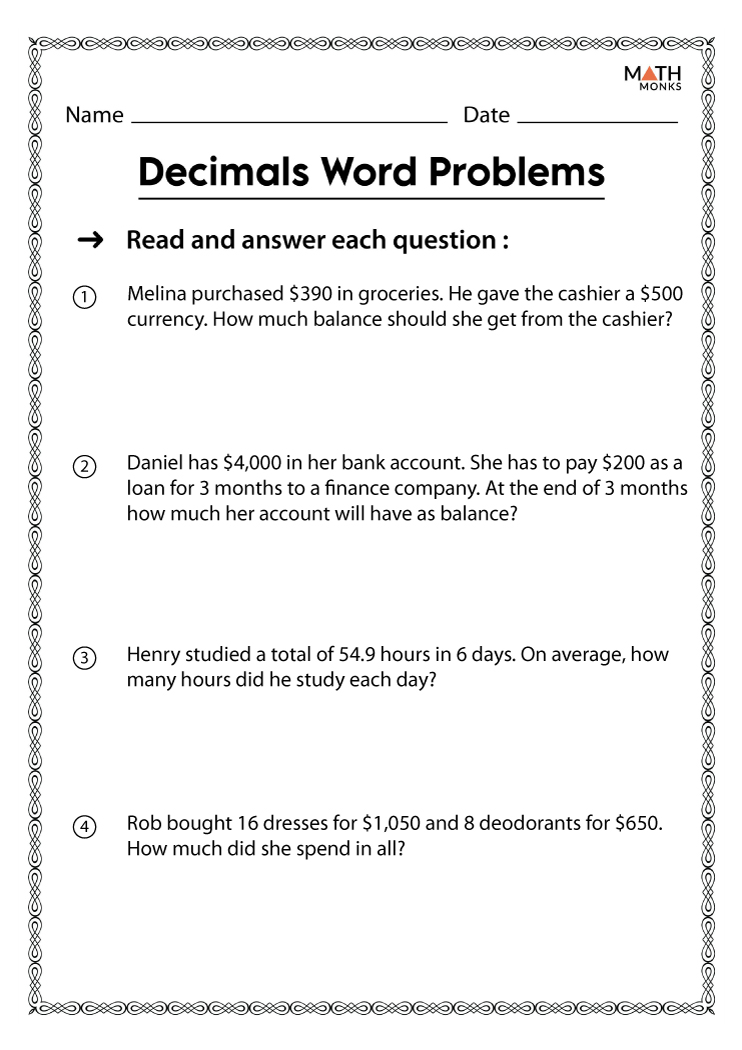 problem solving involving decimals worksheets