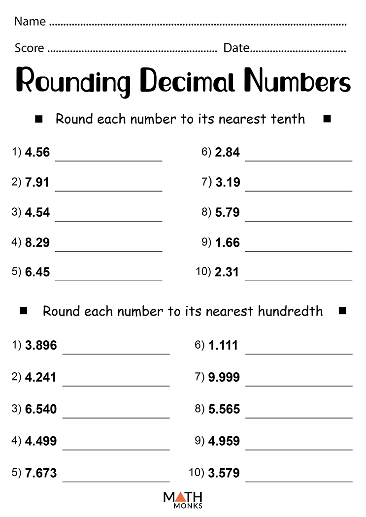 work sheet decimals