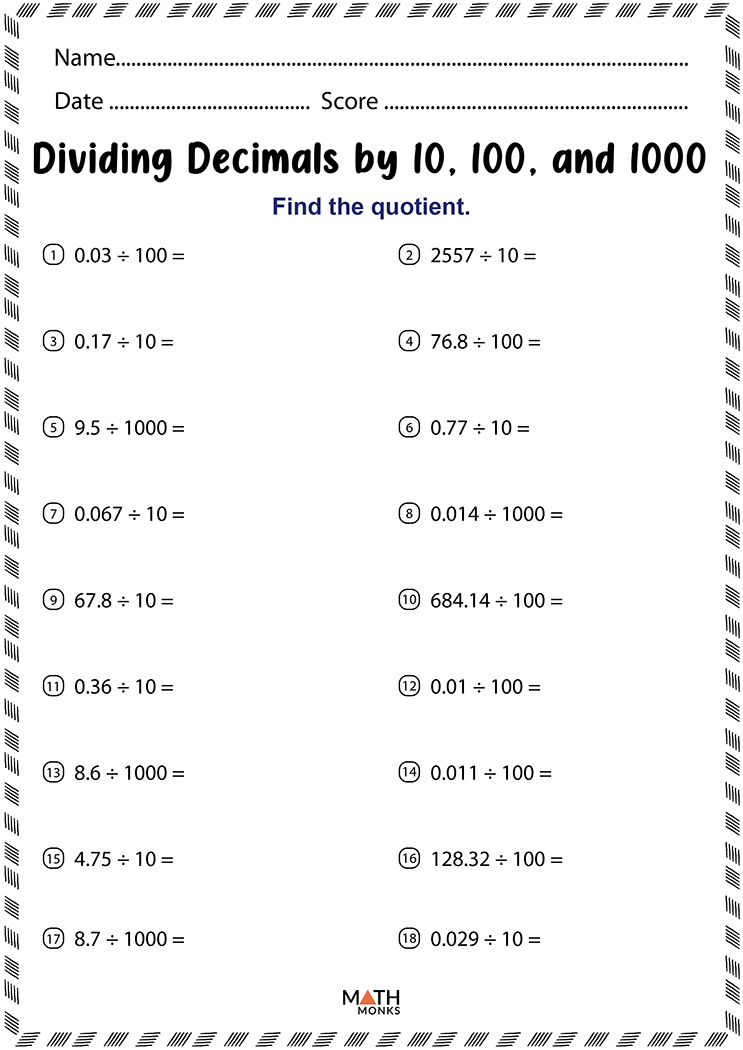 Dividing Decimals Worksheet 6th Grade